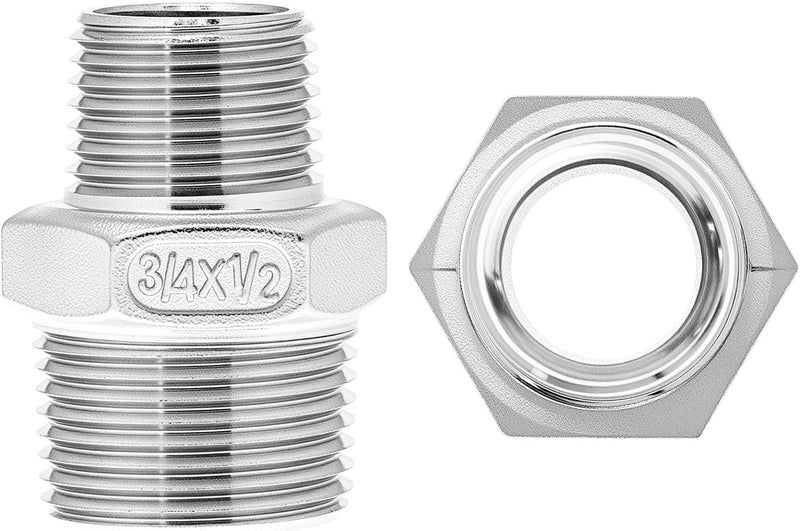 QWORK Reducing Hex Nipple, 2 Pack 3/4" NPT Male x 1/2" NPT Male 304 Stainless Steel Pipe Fitting, Threaded Pipe Fitting NPT, Straight Connector, Reducer Nipple Adapter - Image 2